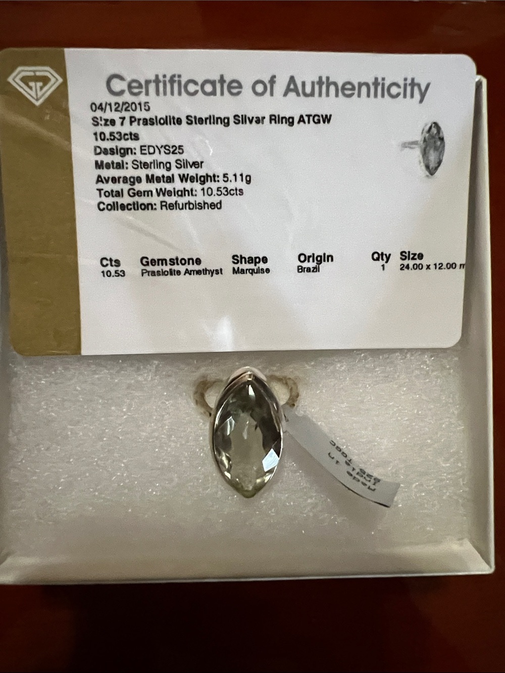 Sterling Silver Prasiolite Marquise Ring - Green Prasiolite